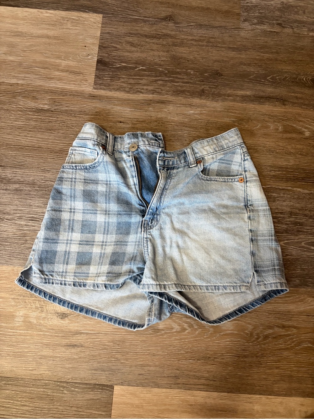 American Eagle Outfitters Light Blue Plaid Denim Shorts